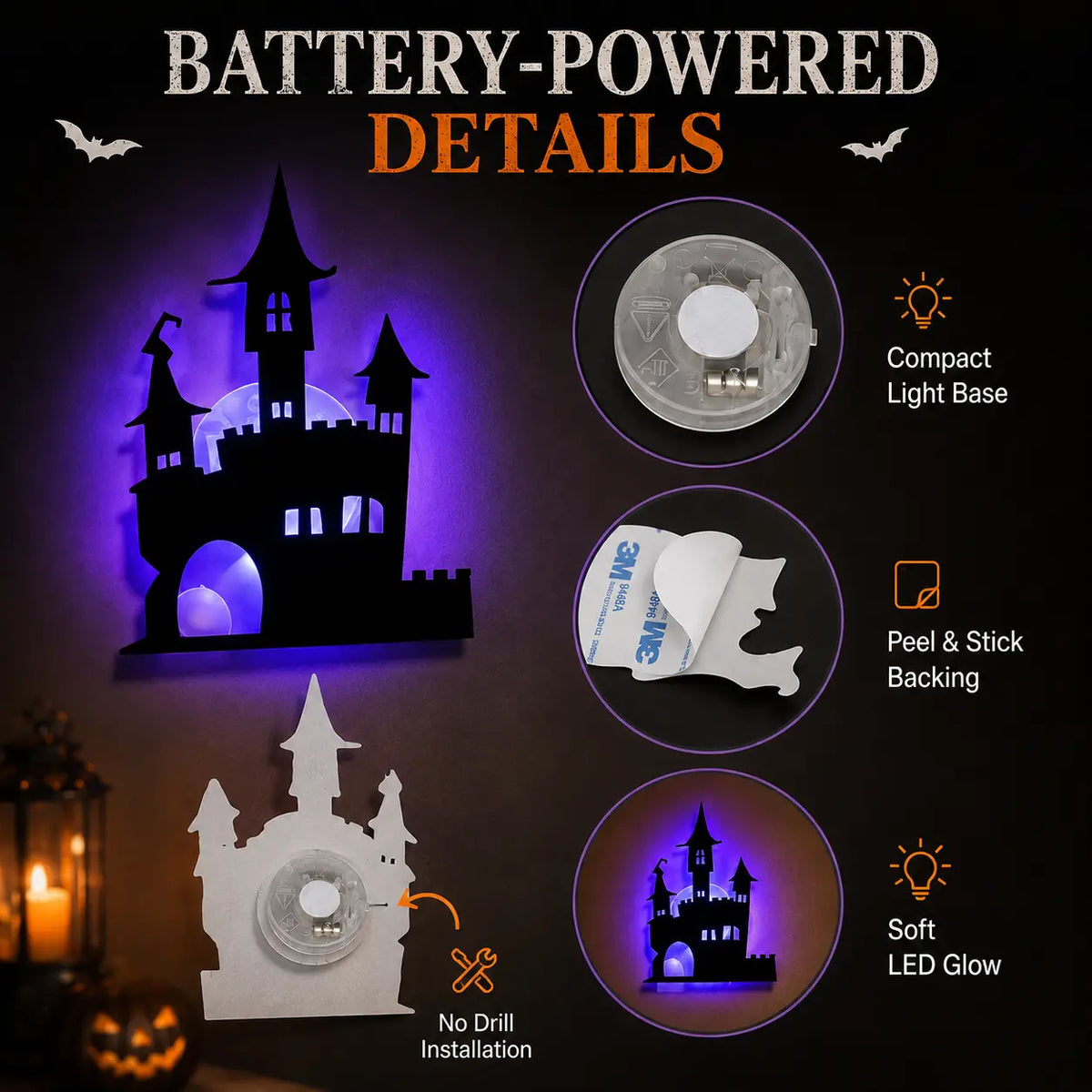 🦇Halloween LED Silhouette Wall Light Stickers, Battery Powered Peel & Stick Decor Lights, No Drill PET Waterproof Wall Decor, Spooky Ghost Pumpkin Witch Bat Castle Spider Tree Ornaments for Home Window Door Party