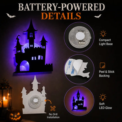 🦇Halloween LED Silhouette Wall Light Stickers, Battery Powered Peel & Stick Decor Lights, No Drill PET Waterproof Wall Decor, Spooky Ghost Pumpkin Witch Bat Castle Spider Tree Ornaments for Home Window Door Party