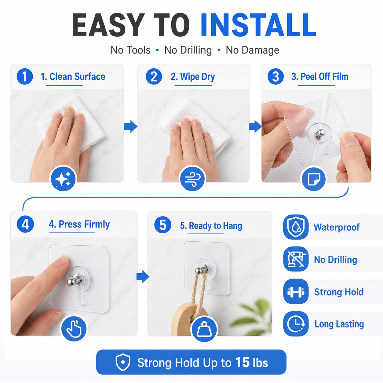 BUY 10 GET 10 FREE 20PCS Adhesive Frame Hooks Wall Mount Self-Adhesive Hooks Suitable for Bathroom and Kitchen Decoration