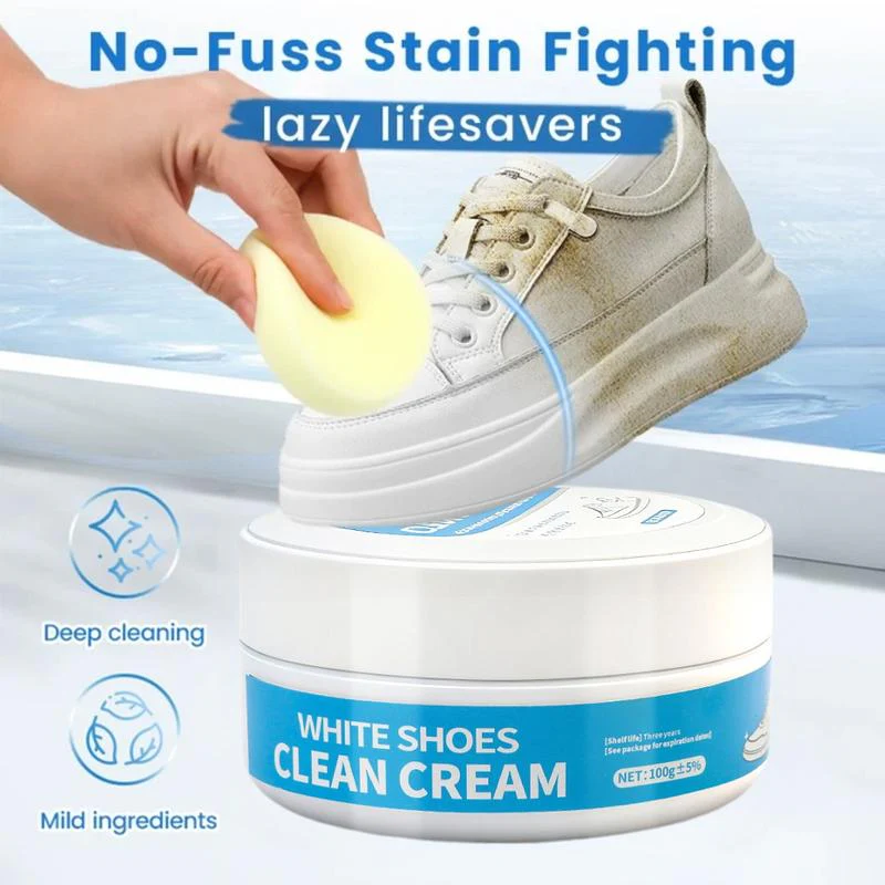 👟Multipurpose No-Wash White Shoe Cleaner Cream with Built-in Sponge for Leather Silicon Car Interiors 160g Mild Formula Gentle Non-Irritating Eco-Friendly