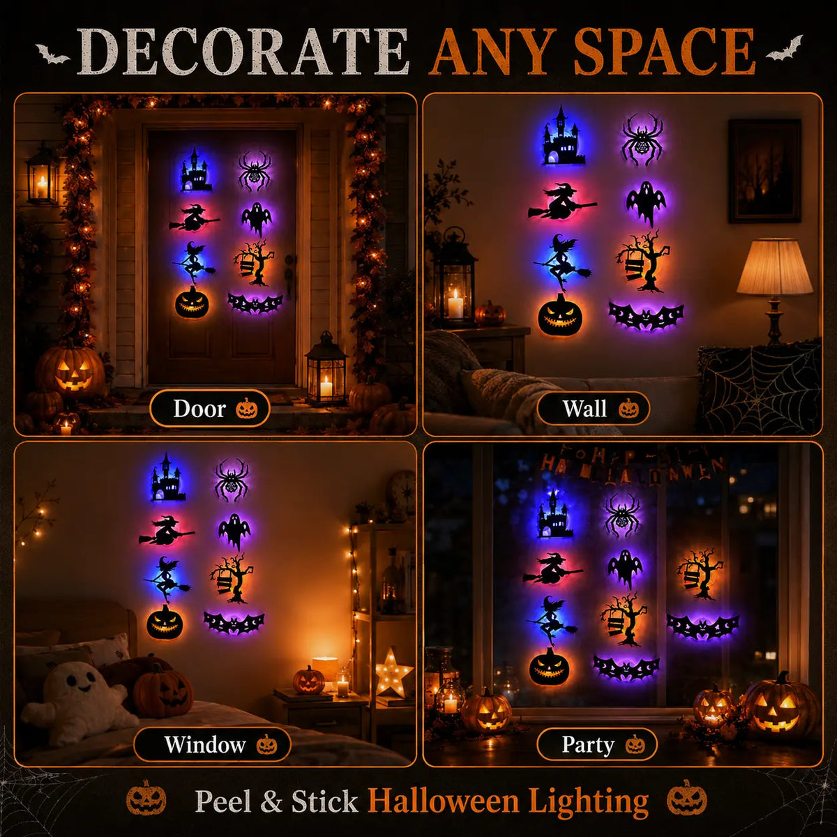 🦇Halloween LED Silhouette Wall Light Stickers, Battery Powered Peel & Stick Decor Lights, No Drill PET Waterproof Wall Decor, Spooky Ghost Pumpkin Witch Bat Castle Spider Tree Ornaments for Home Window Door Party