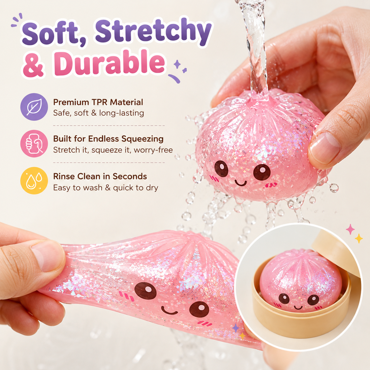 🔥Glitter Dumpling Squishy with Box, Soft Sensory Squeeze Toy for Stress Relief, Mystery Glitter Dumplings, Decompression Dough, Not Blind Box, You Can Choose Your Favorite Color Freely