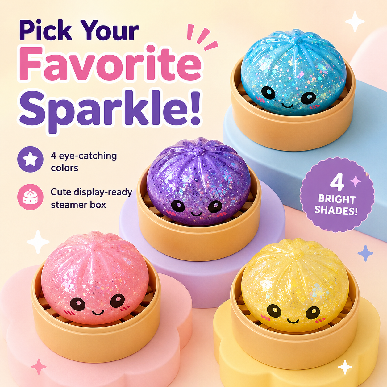 🔥Glitter Dumpling Squishy with Box, Soft Sensory Squeeze Toy for Stress Relief, Mystery Glitter Dumplings, Decompression Dough, Not Blind Box, You Can Choose Your Favorite Color Freely