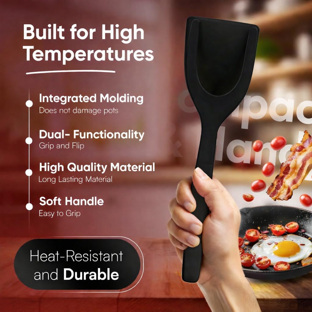 Non-Stick 2-in-1 Grip & Flip Kitchen Tongs for Pancakes, Fish, Eggs, and More – Heat Resistant Cooking Tool (Black)
