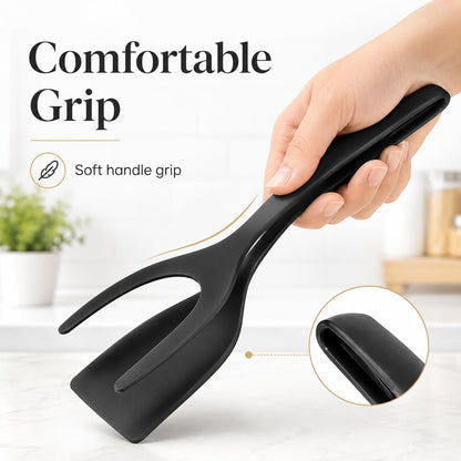 Non-Stick 2-in-1 Grip & Flip Kitchen Tongs for Pancakes, Fish, Eggs, and More – Heat Resistant Cooking Tool (Black)
