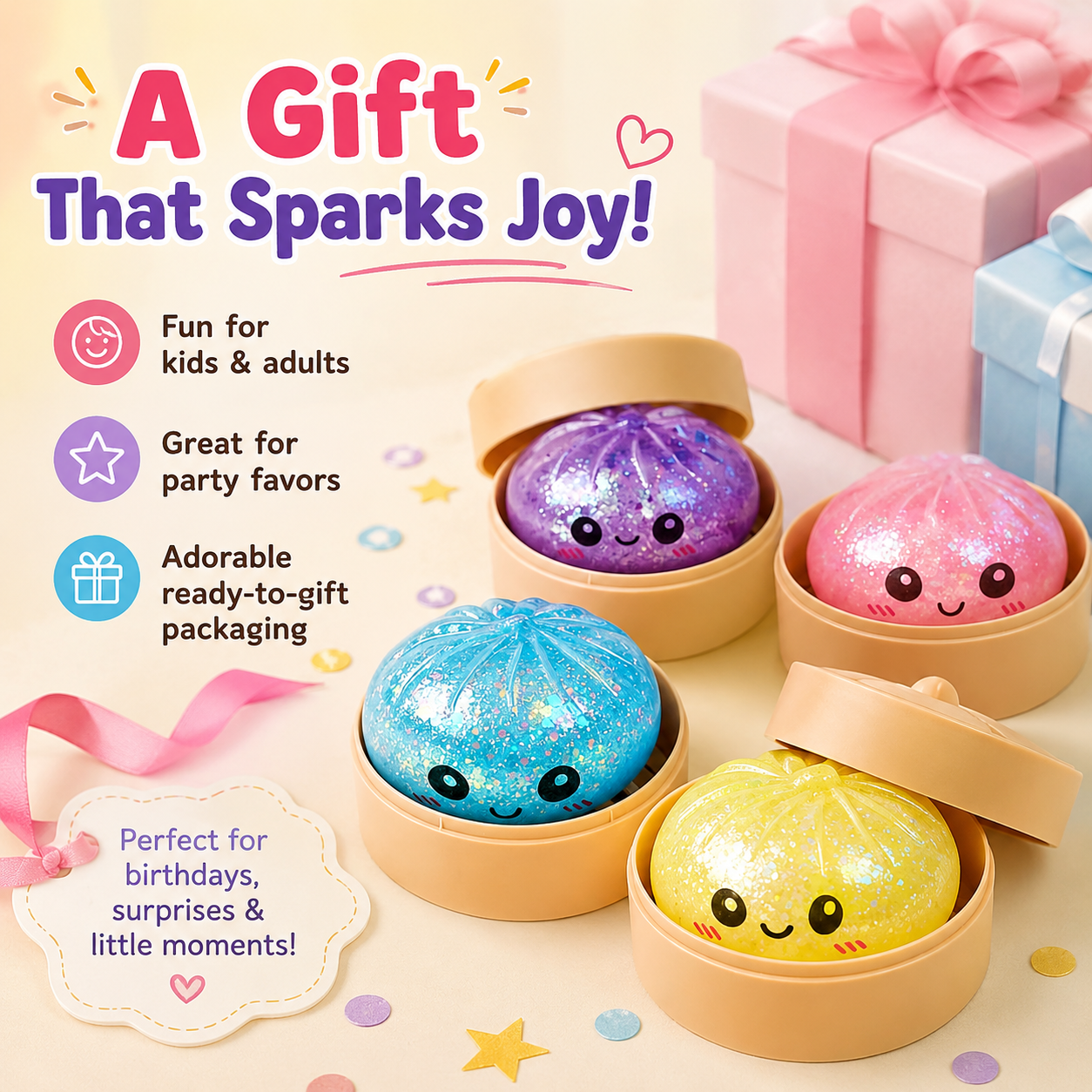 🔥Glitter Dumpling Squishy with Box, Soft Sensory Squeeze Toy for Stress Relief, Mystery Glitter Dumplings, Decompression Dough, Not Blind Box, You Can Choose Your Favorite Color Freely