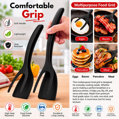 Non-Stick 2-in-1 Grip & Flip Kitchen Tongs for Pancakes, Fish, Eggs, and More – Heat Resistant Cooking Tool (Black)