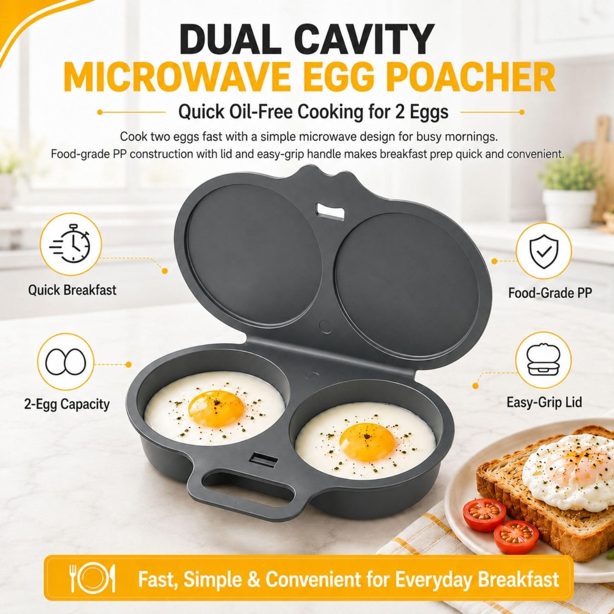 Easy to Clean Microwave Egg Steamer Mold BPA‑Free,Food‑Grade Plastic PP Material - Non-Stick,2 Cup Round Egg Maker, Perfect Shape, Quick Prep, Healthy Cooking Gadget for Kitchens, Easy Egg Cooker Home Egg Boiler Dishwasher-safe Omelette Maker (Dark Gray)