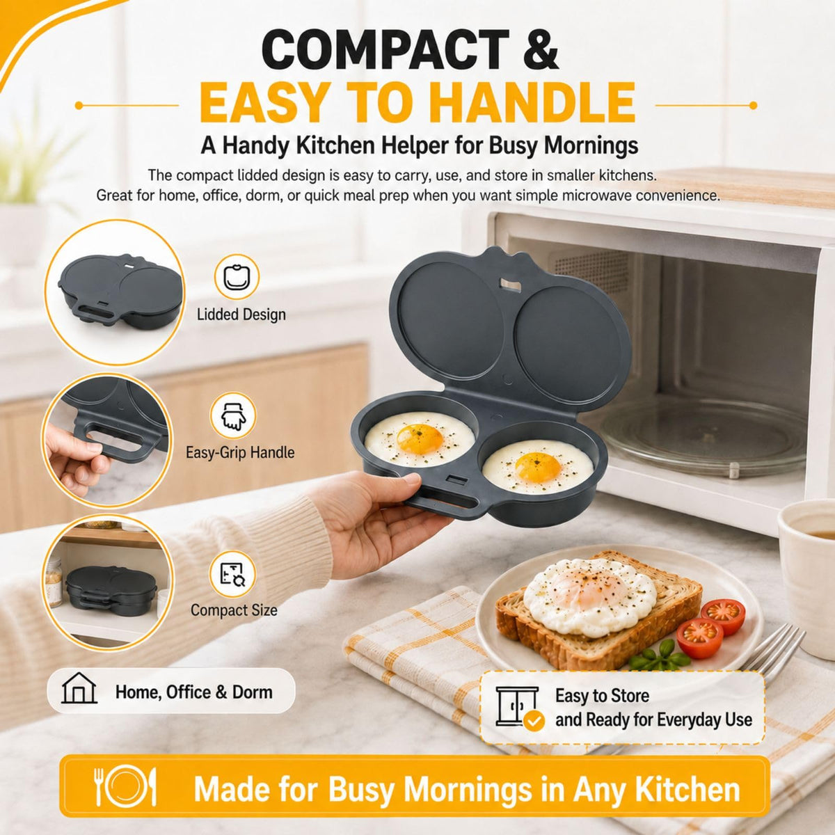 Easy to Clean Microwave Egg Steamer Mold BPA‑Free,Food‑Grade Plastic PP Material - Non-Stick,2 Cup Round Egg Maker, Perfect Shape, Quick Prep, Healthy Cooking Gadget for Kitchens, Easy Egg Cooker Home Egg Boiler Dishwasher-safe Omelette Maker (Dark Gray)