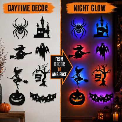 🦇Halloween LED Silhouette Wall Light Stickers, Battery Powered Peel & Stick Decor Lights, No Drill PET Waterproof Wall Decor, Spooky Ghost Pumpkin Witch Bat Castle Spider Tree Ornaments for Home Window Door Party