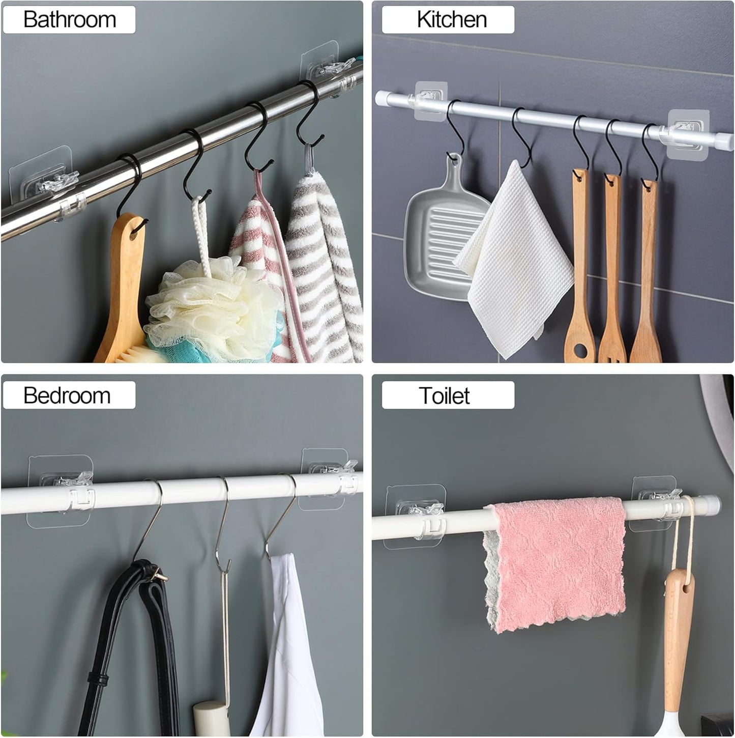 Self Adhesive No Drill Adjustable Curtain Rod Holder Hooks Brackets, Nail Free, No Drilling Hangers for Bathroom, Kitchen, Home, Bathroom and Hotel, Transparent