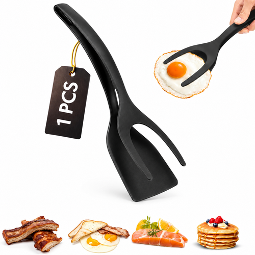 Non-Stick 2-in-1 Grip & Flip Kitchen Tongs for Pancakes, Fish, Eggs, and More – Heat Resistant Cooking Tool (Black)