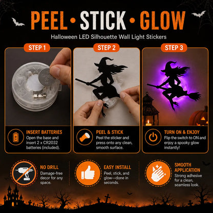 🦇Halloween LED Silhouette Wall Light Stickers, Battery Powered Peel & Stick Decor Lights, No Drill PET Waterproof Wall Decor, Spooky Ghost Pumpkin Witch Bat Castle Spider Tree Ornaments for Home Window Door Party