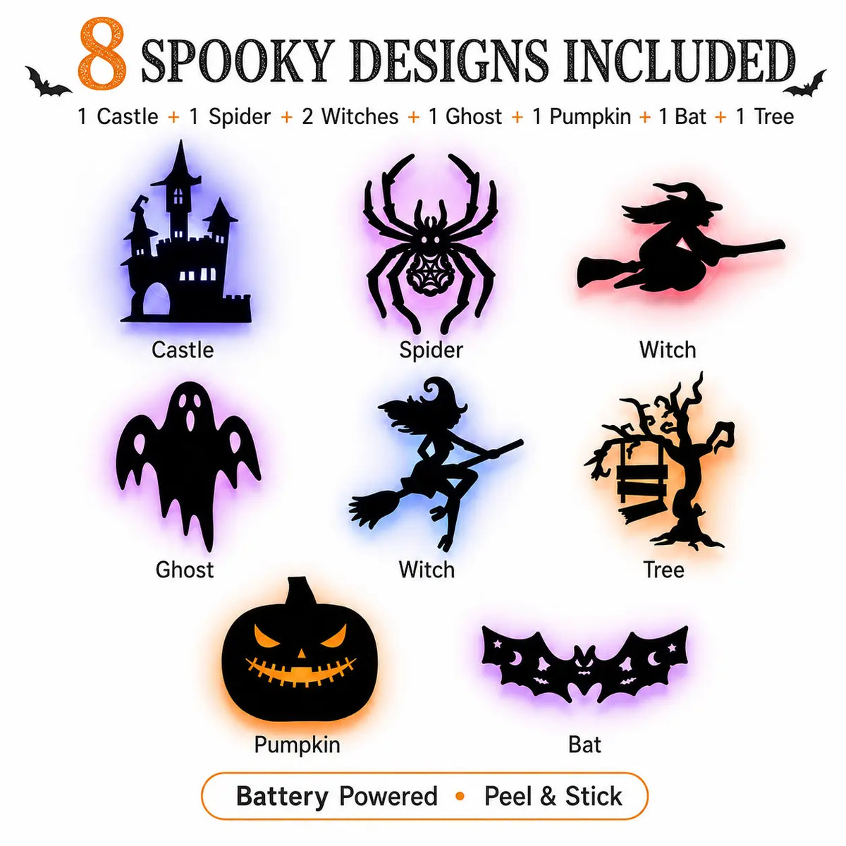 🦇Halloween LED Silhouette Wall Light Stickers, Battery Powered Peel & Stick Decor Lights, No Drill PET Waterproof Wall Decor, Spooky Ghost Pumpkin Witch Bat Castle Spider Tree Ornaments for Home Window Door Party