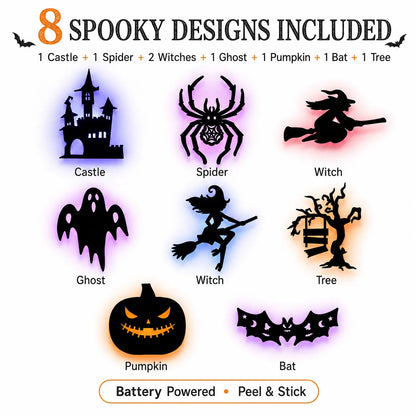 🦇Halloween LED Silhouette Wall Light Stickers, Battery Powered Peel & Stick Decor Lights, No Drill PET Waterproof Wall Decor, Spooky Ghost Pumpkin Witch Bat Castle Spider Tree Ornaments for Home Window Door Party