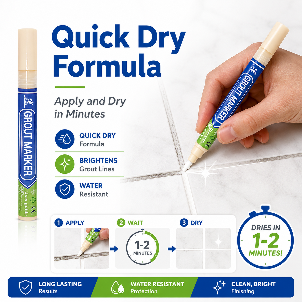Grout Pen Light Grey Tile Paint Marker: Waterproof Grout Paint, Tile Grout Colorant and Sealer Pen - Light Grey, Narrow 5mm Tip (7mL)
