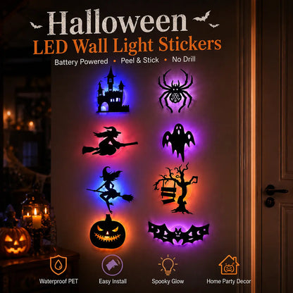 🦇Halloween LED Silhouette Wall Light Stickers, Battery Powered Peel & Stick Decor Lights, No Drill PET Waterproof Wall Decor, Spooky Ghost Pumpkin Witch Bat Castle Spider Tree Ornaments for Home Window Door Party